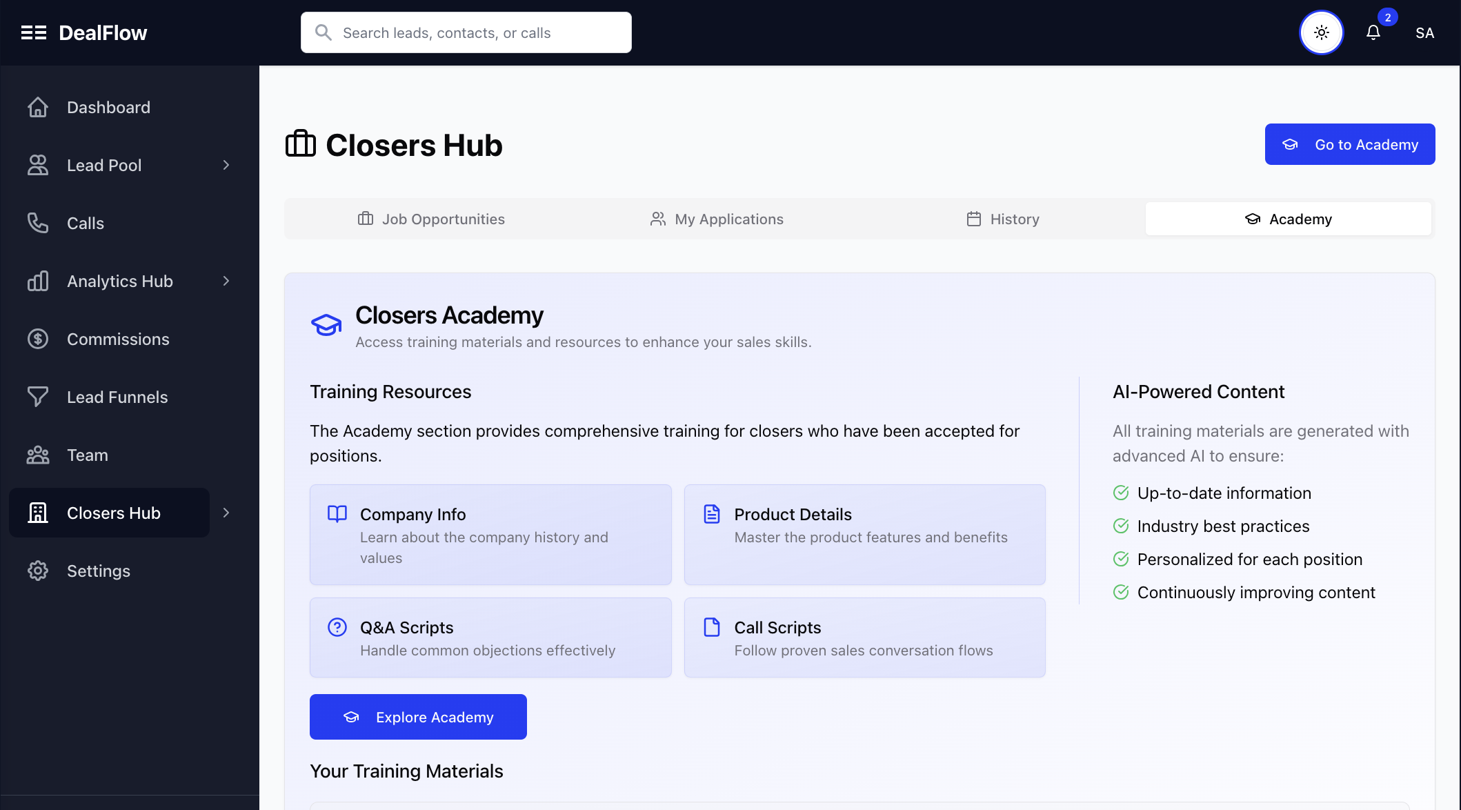 Closers Academy Platform Interface